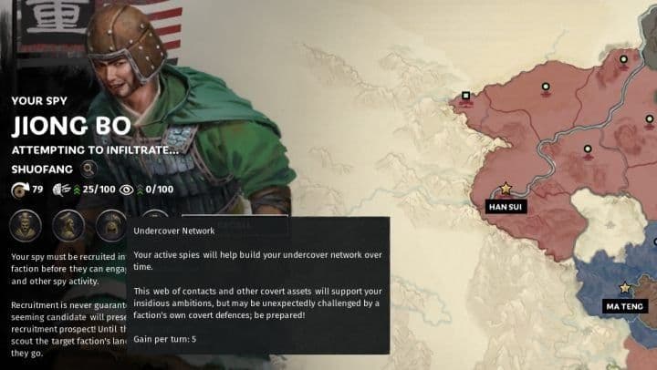 Total War: Three Kingdoms strategic map highlighting character infiltration and covert alliance building.