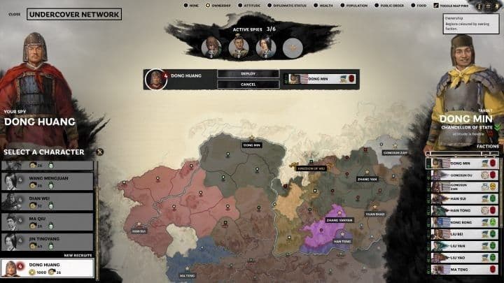 Total War: Three Kingdoms espionage interface showing the undercover network and active spy management.