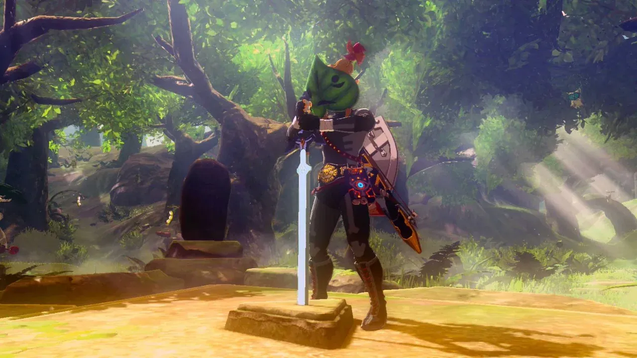 Link stands before the Master Sword pedestal in the Korok Forest during the Trial of the Sword in Breath of the Wild.