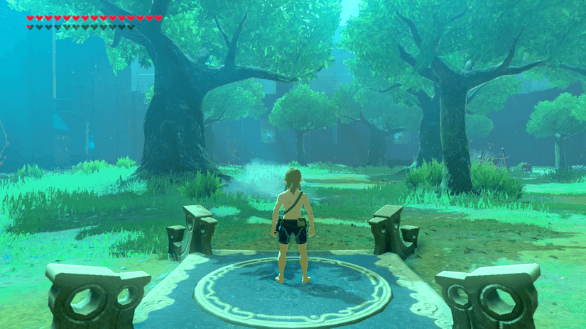 Link prepares to enter the Trial of the Sword on a glowing platform in Breath of the Wild.