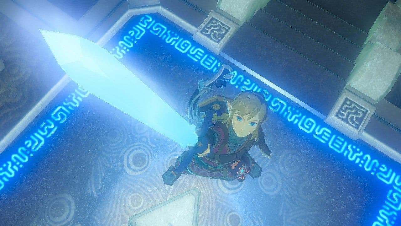 Link explores a stone chamber within the Trial of the Sword in The Legend of Zelda: Breath of the Wild.