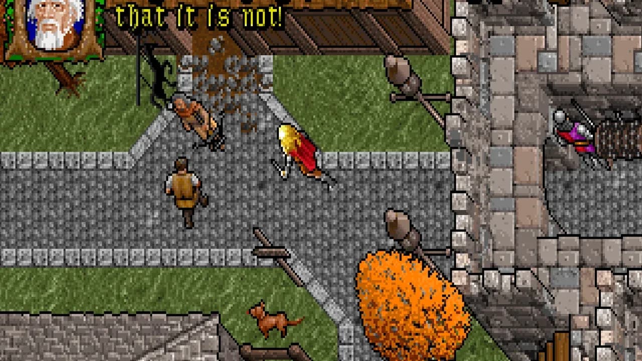 The Avatar explores a detailed medieval town in Ultima VII: The Black Gate featuring classic isometric pixel art.