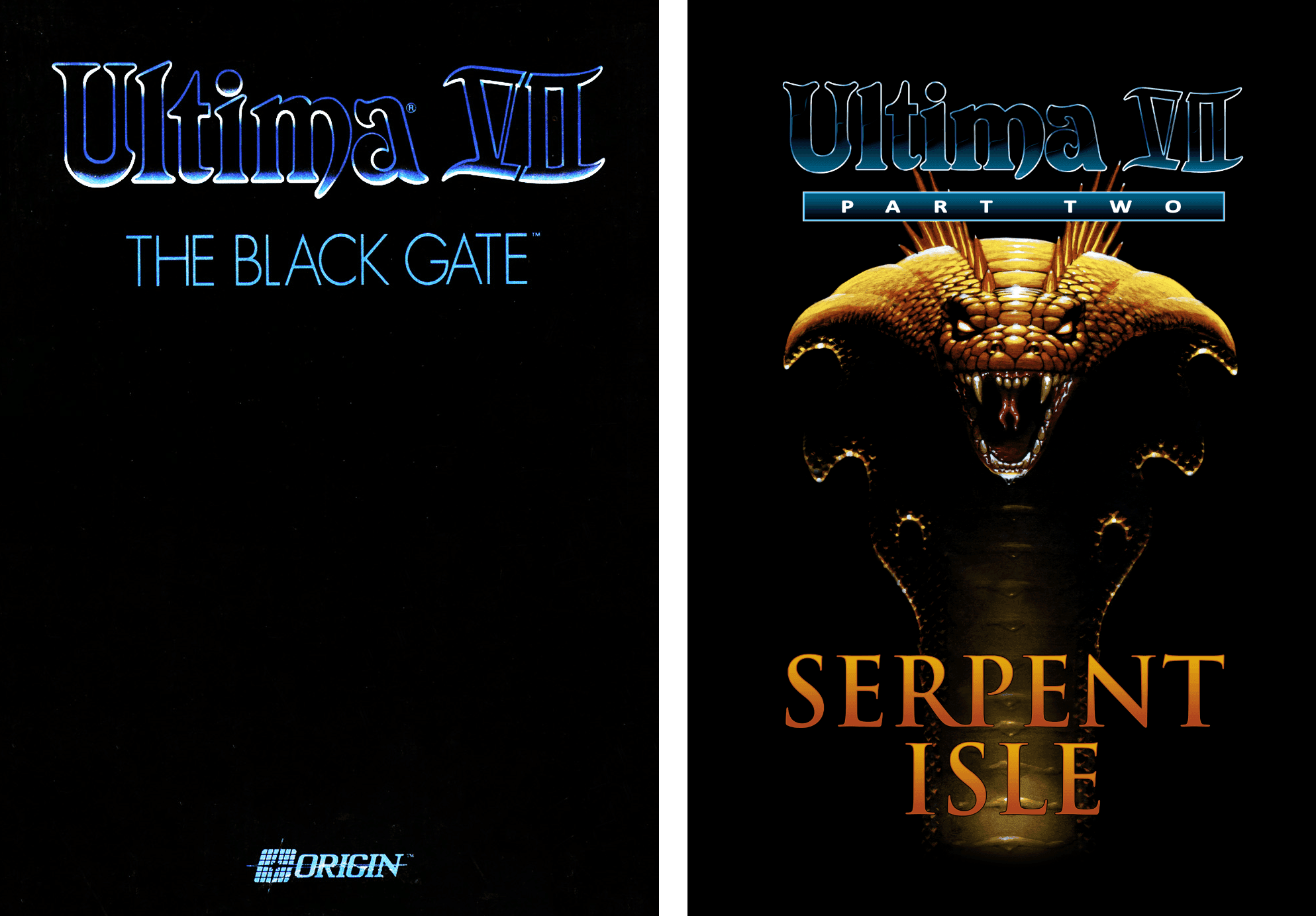 Arte de la caja comparativo para Ultima VII: The Black Gate y su secuela Serpent Isle.
