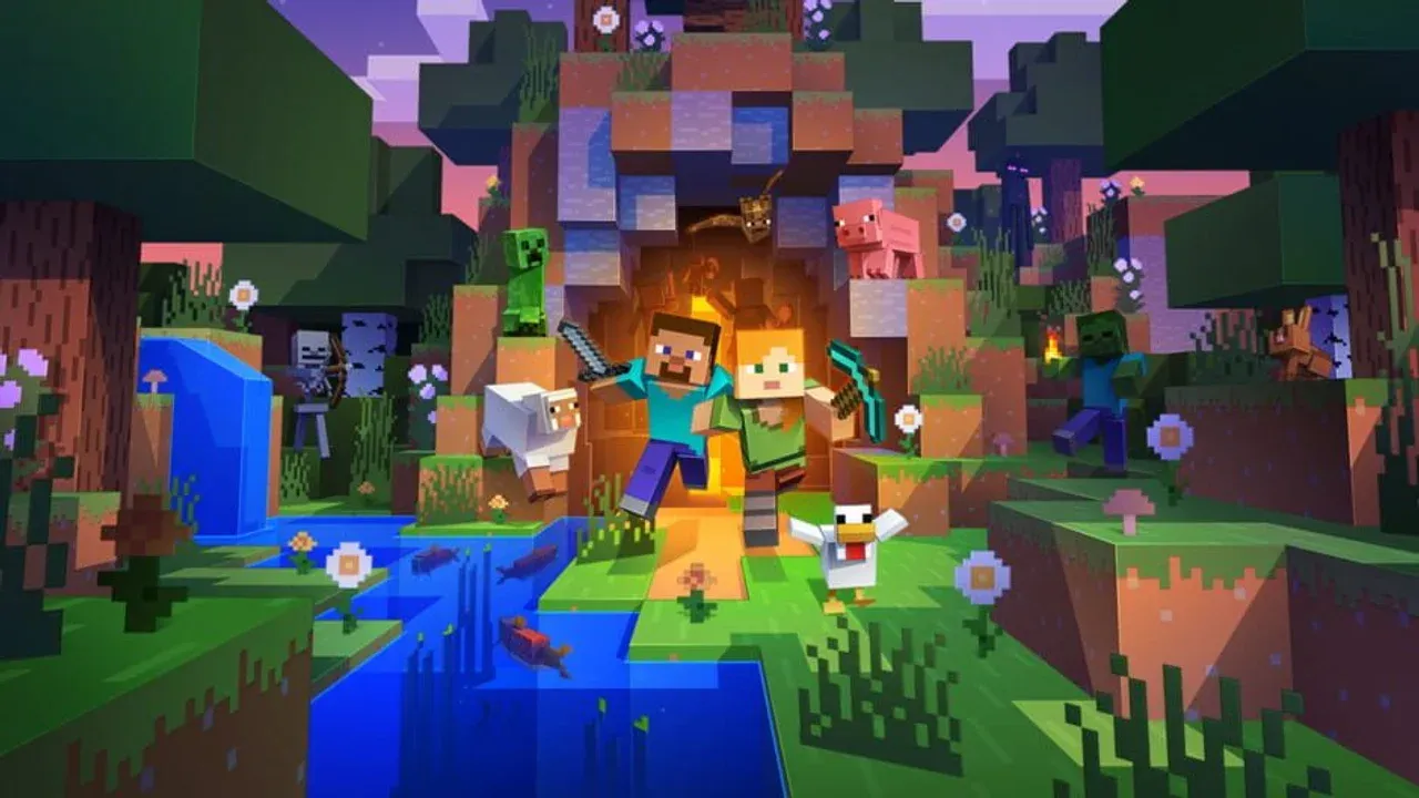Official Minecraft artwork depicting Steve and Alex exploring a blocky landscape.