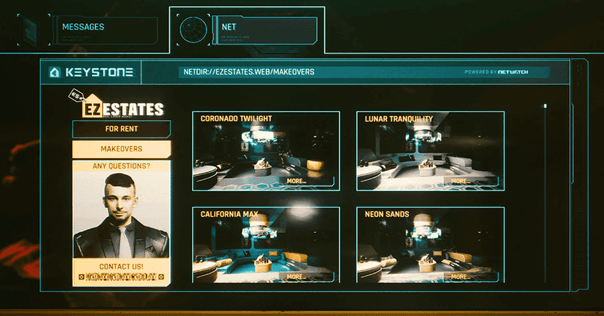 EZEstates makeover menu showing four visual themes for V's H10 apartment