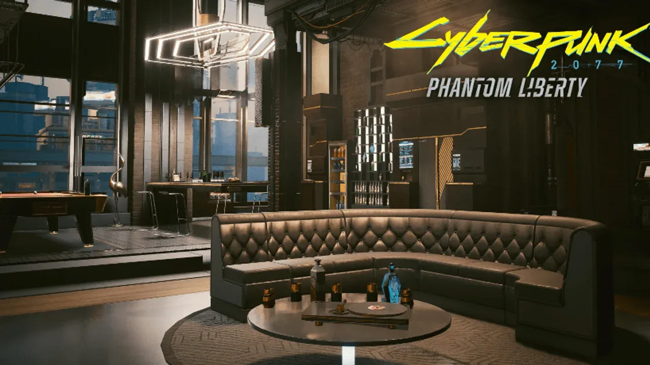 The Glen apartment interior with a sofa, billiards table, and view across Night City