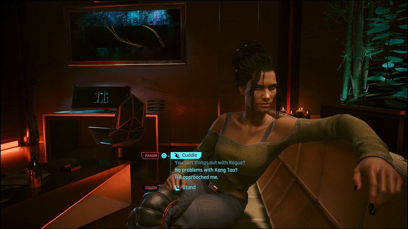 Panam sitting with V during a repeatable apartment hangout