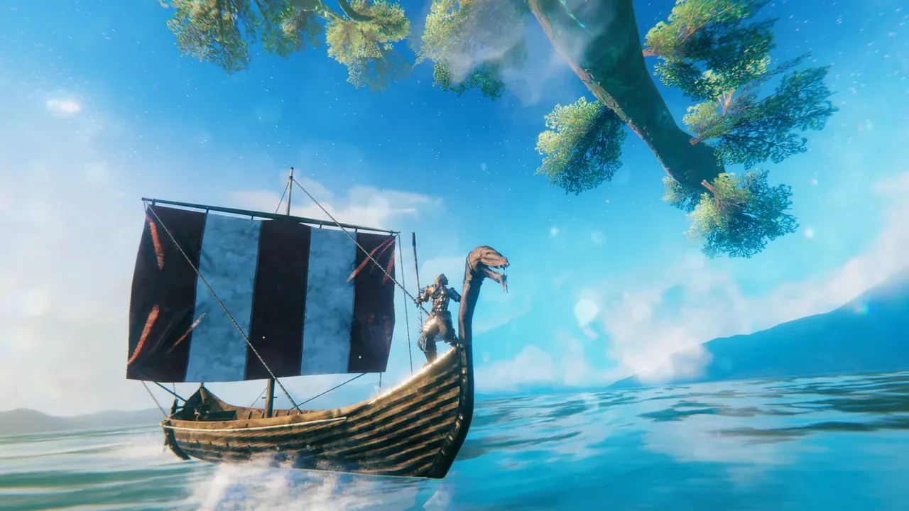 A Valheim Viking steers a longship across open water