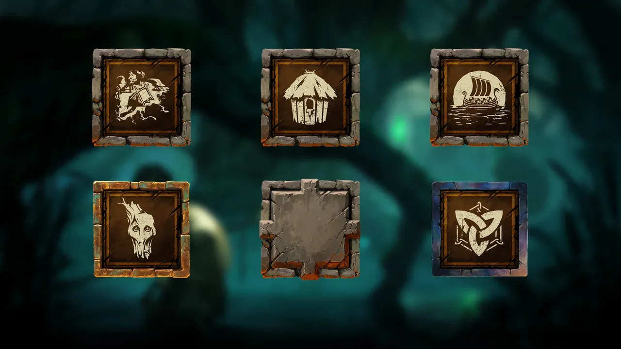 Valheim 1.0 achievement icons showing building, a house, a ship, a creature, a blank slot, and a crossed symbol