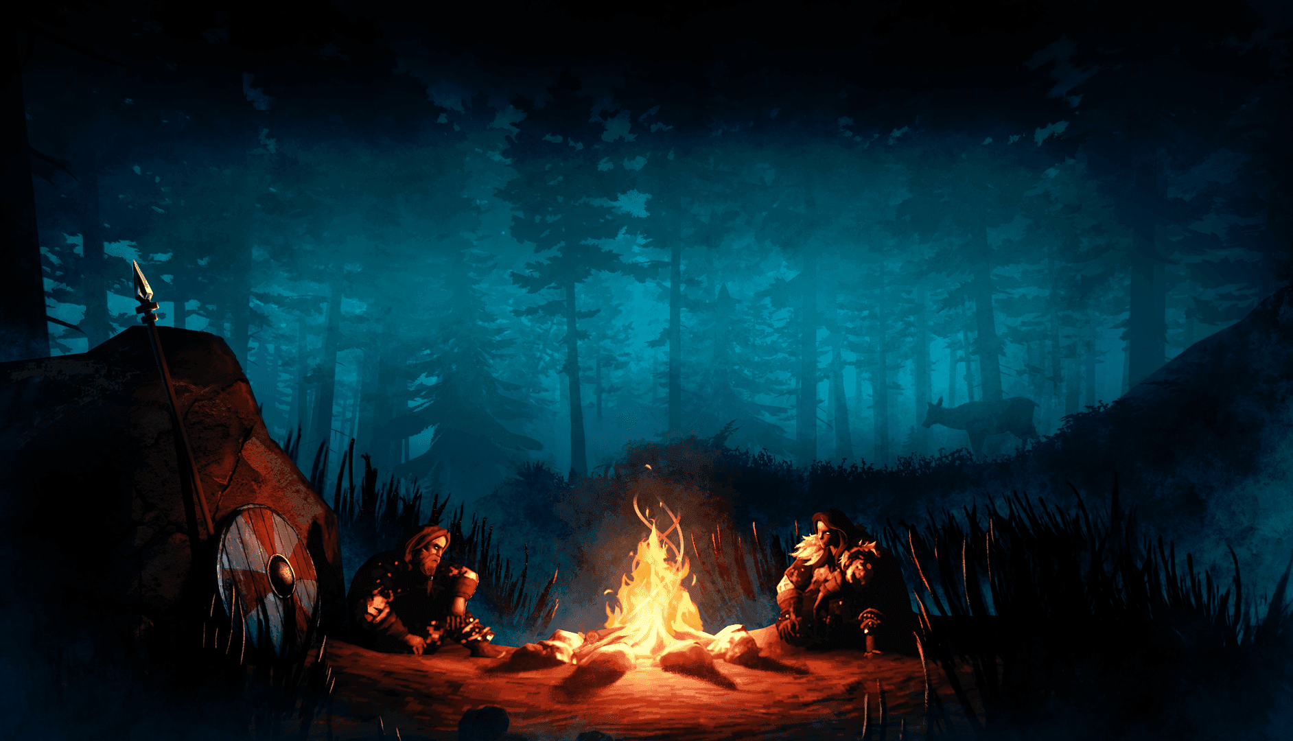 Two Vikings sitting beside a campfire in a dark Valheim forest