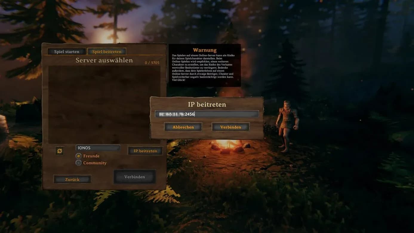 Navegador de servidores de Valheim con el diálogo de unión por IP abierto