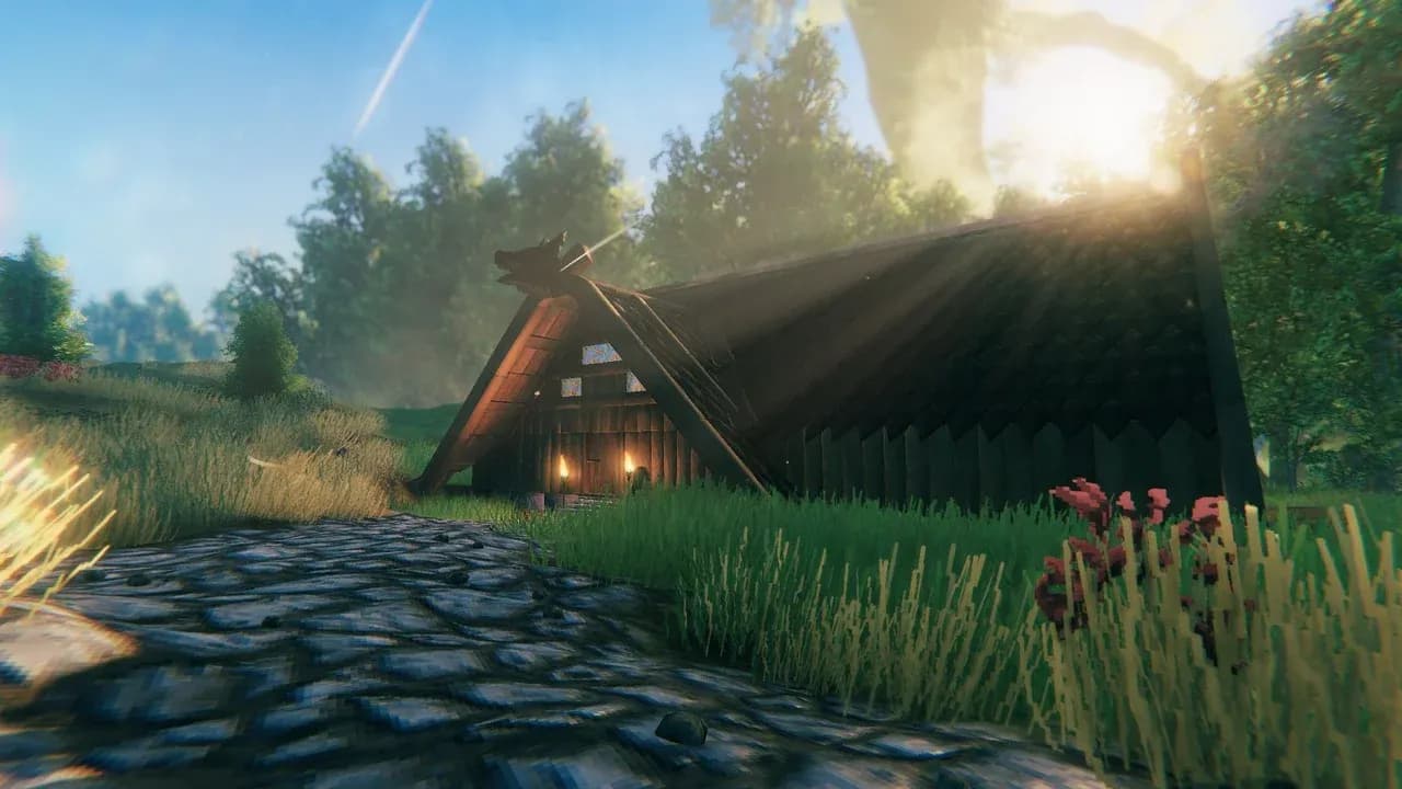 Valheim longhouse and road in a sunlit forest