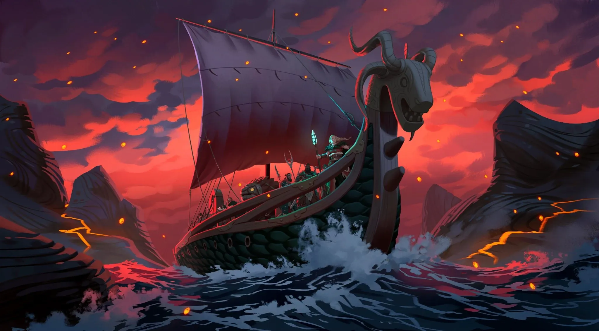 Official Valheim artwork of a crewed longship sailing toward the Ashlands