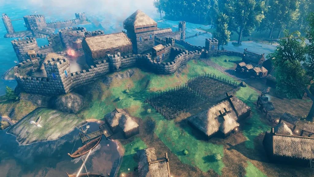 A large Valheim settlement of stone walls, wooden longhouses and a docked longship