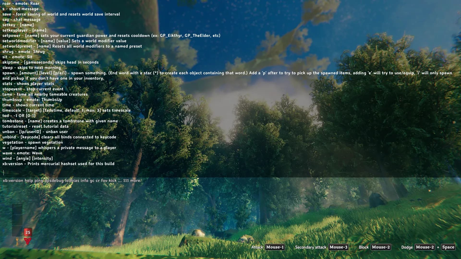 Valheim's developer console open in-game, listing commands including setkey, setworldmodifier and spawn