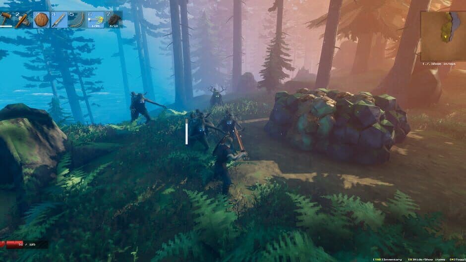 A Valheim player fighting a group of Greydwarves in the Black Forest