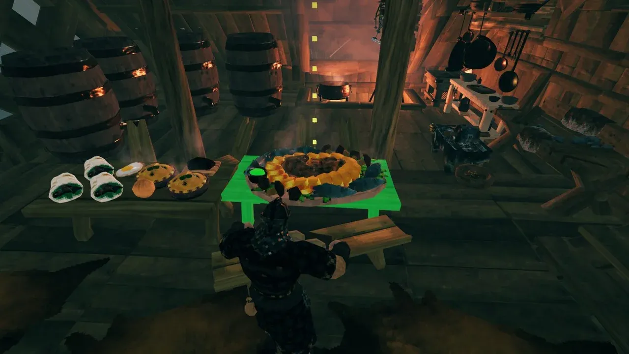 A Viking banquet with a placed Valheim feast in a wooden base