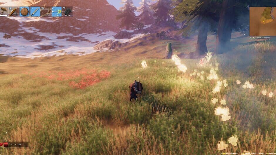 A Valheim Viking travelling across Plains grassland