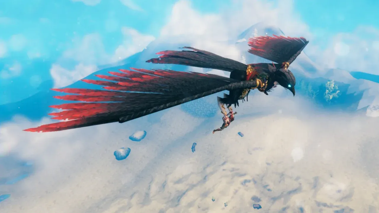 A giant raven-like Valkyrie carrying a slain Viking in her talons over Valheim’s snowy mountains