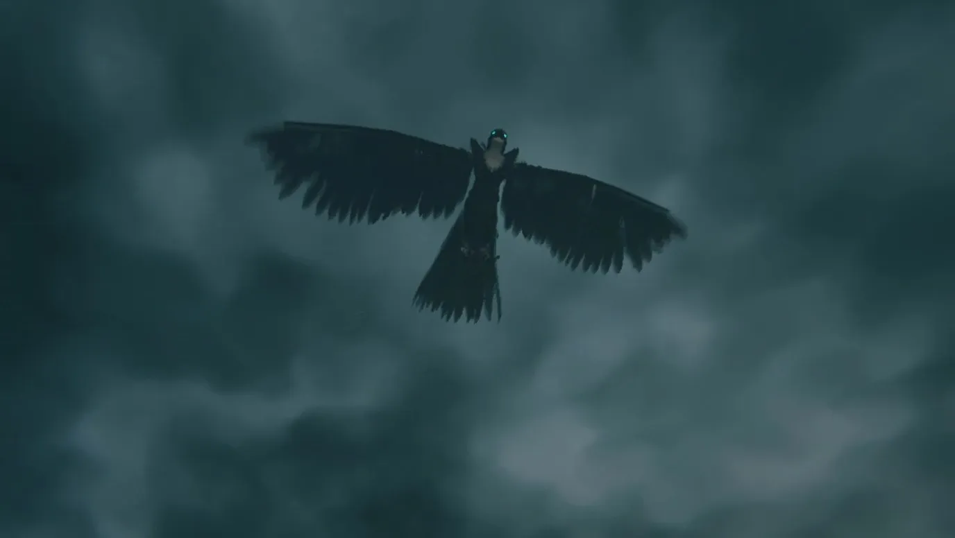 A Valkyrie gliding high overhead in thick cloud, seen from the ground in Valheim