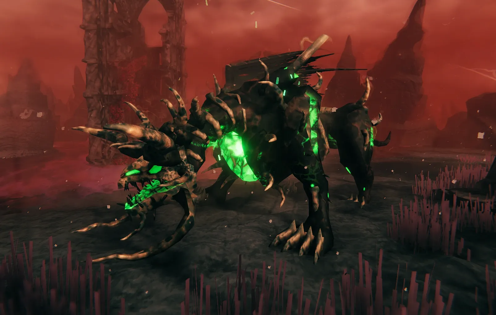 Fader, the skeletal green-glowing dragon boss, standing in the red Ashlands of Valheim