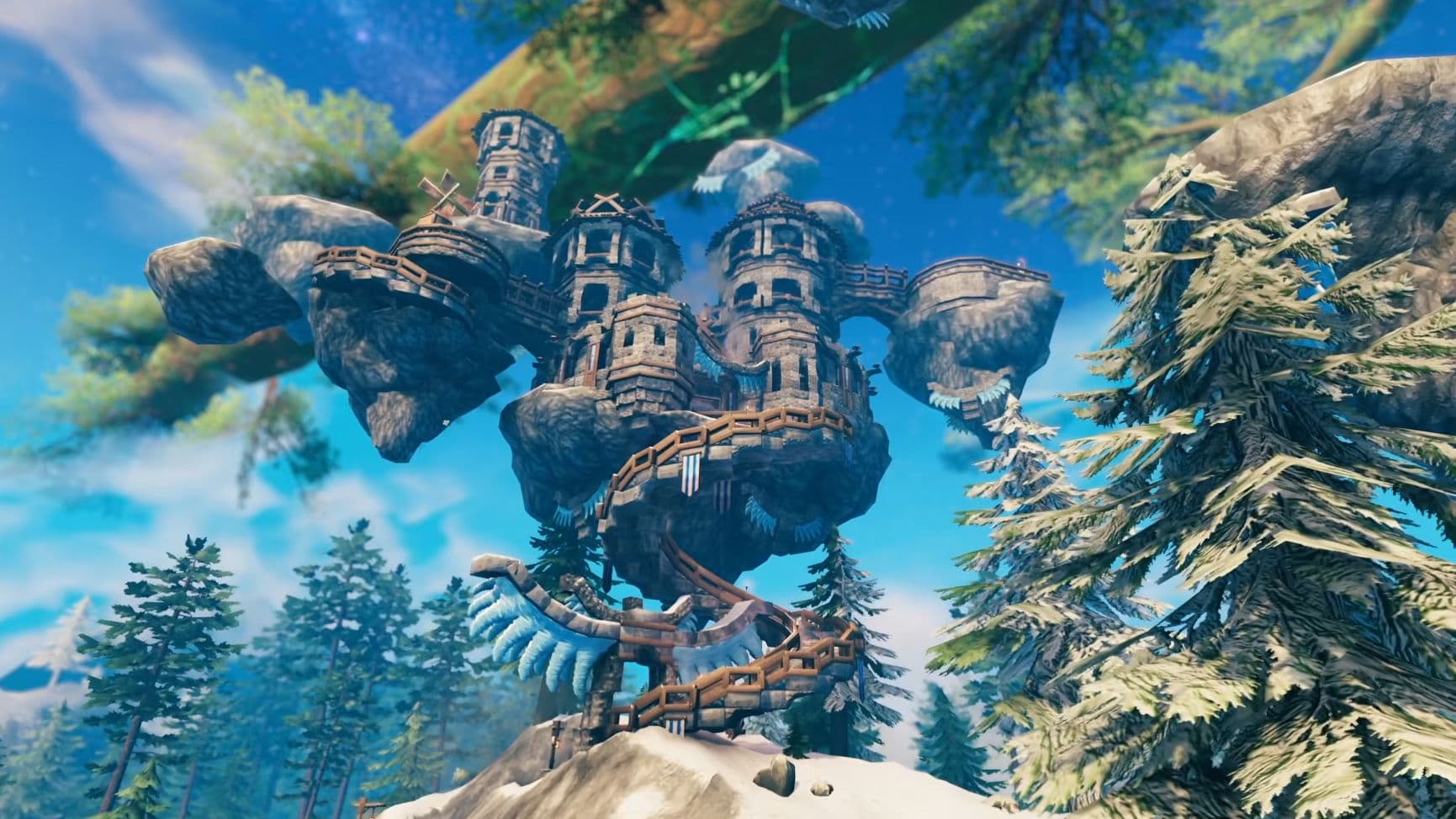 An impressive floating castle in Valheim demonstrating the creative potential of the building system.