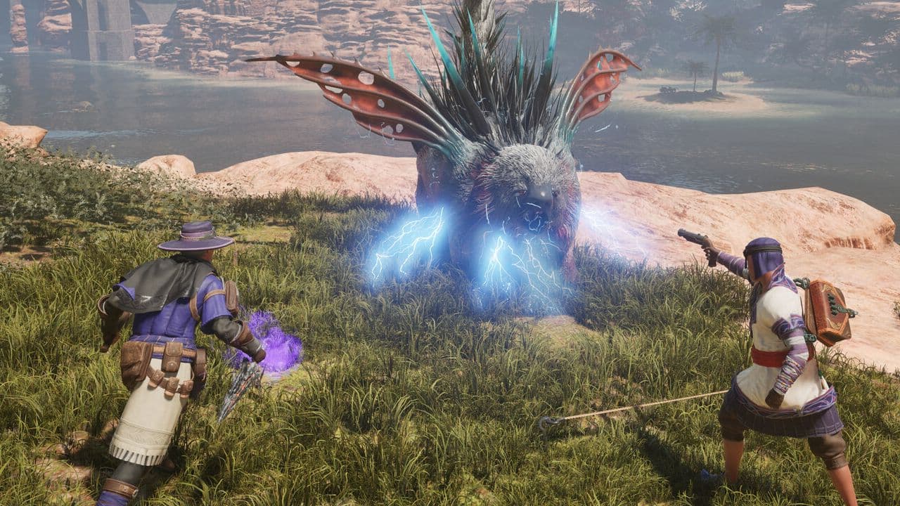 Valheim adventurers engage in combat using magic and ranged weapons against monsters.