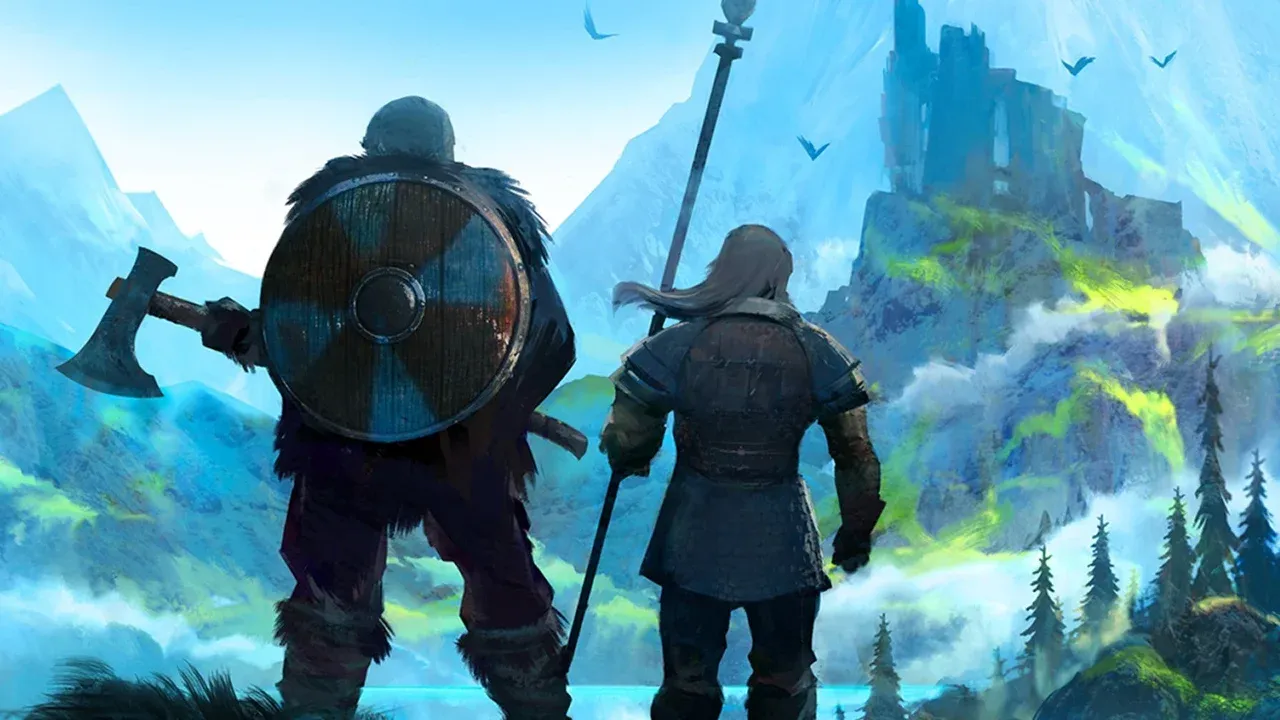 Two armored Vikings in Valheim stand together gazing at a towering ancient castle atop a rugged mountain range.