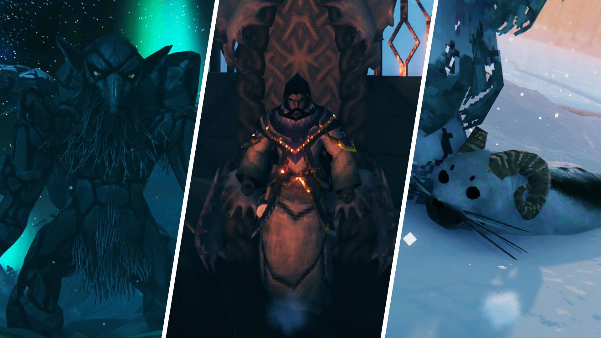 A Valheim player viking encounters a giant rocky troll and a seal in the Deep North biome update.