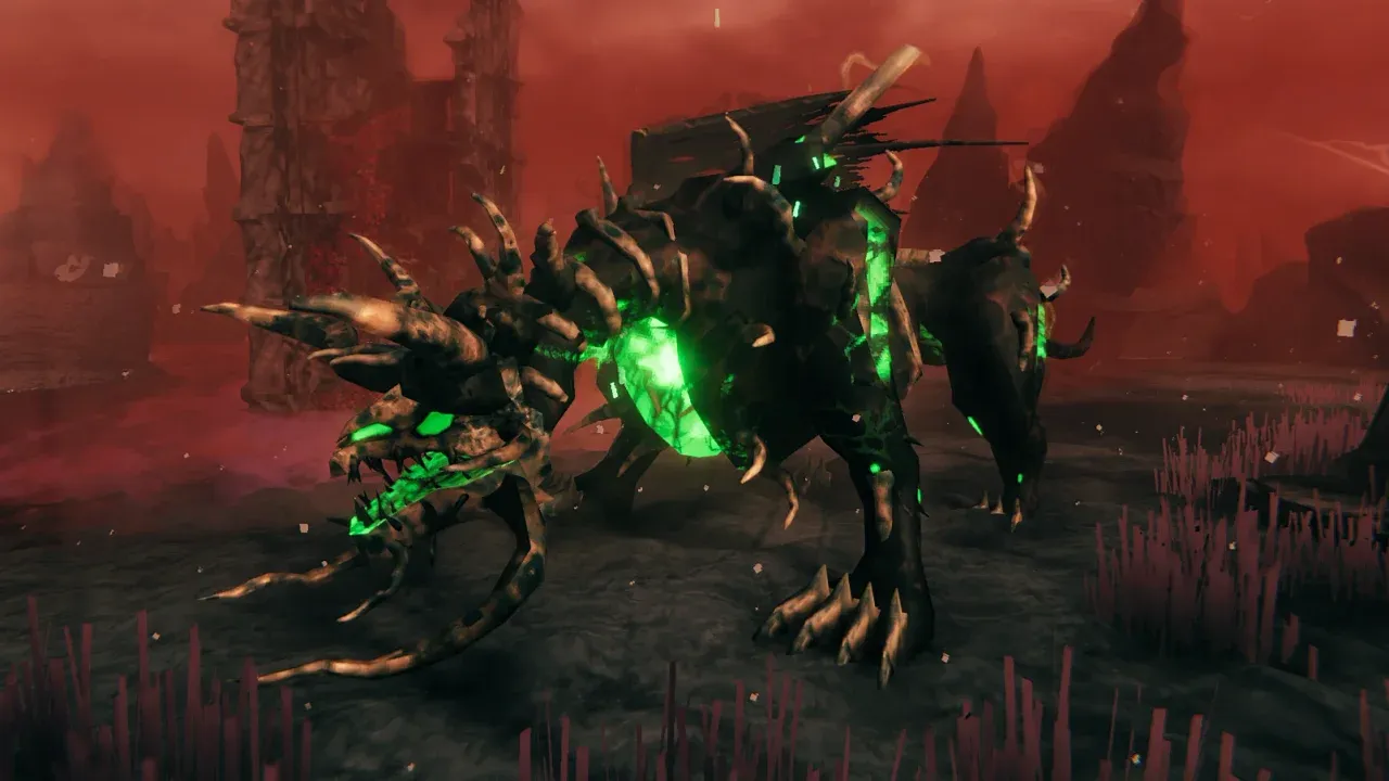 Fader, the charred skeletal dragon of the Ashlands in Valheim, glowing green through the gaps in his body