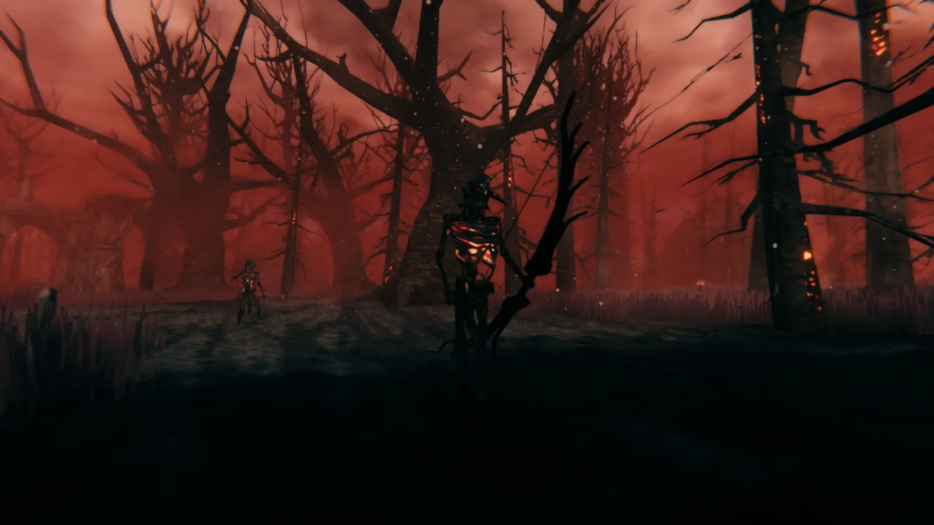 A Charred Marksman with fire glowing inside its ribcage standing in a burnt Ashlands forest in Valheim