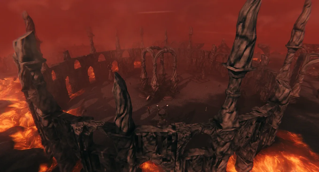 The Emerald Flame coliseum arena in Valheim’s Ashlands, a ring of stone surrounded by lava with the summoning altar at its centre