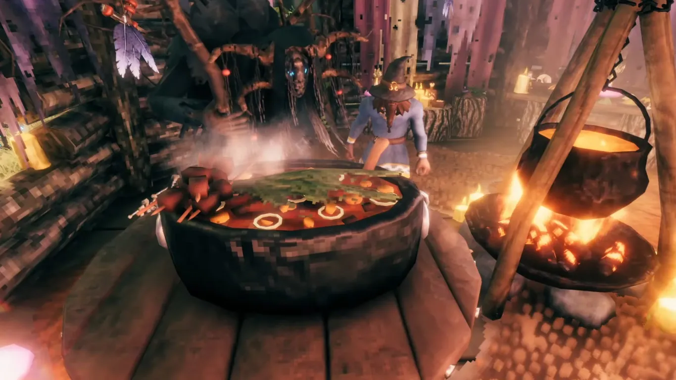 Valheim feast cooking scene with a large pot and a character preparing food