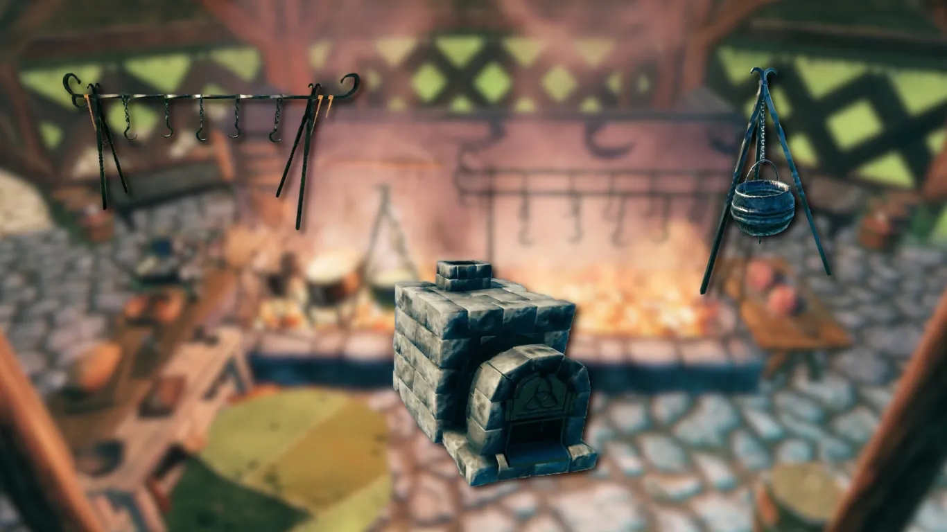 Valheim kitchen with a stone oven and hanging cooking stations