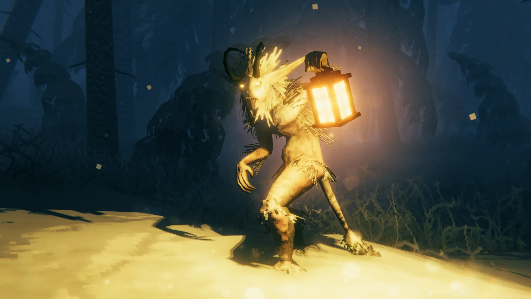 An Elaking carrying a glowing lantern at night in a dark Deep North forest in Valheim