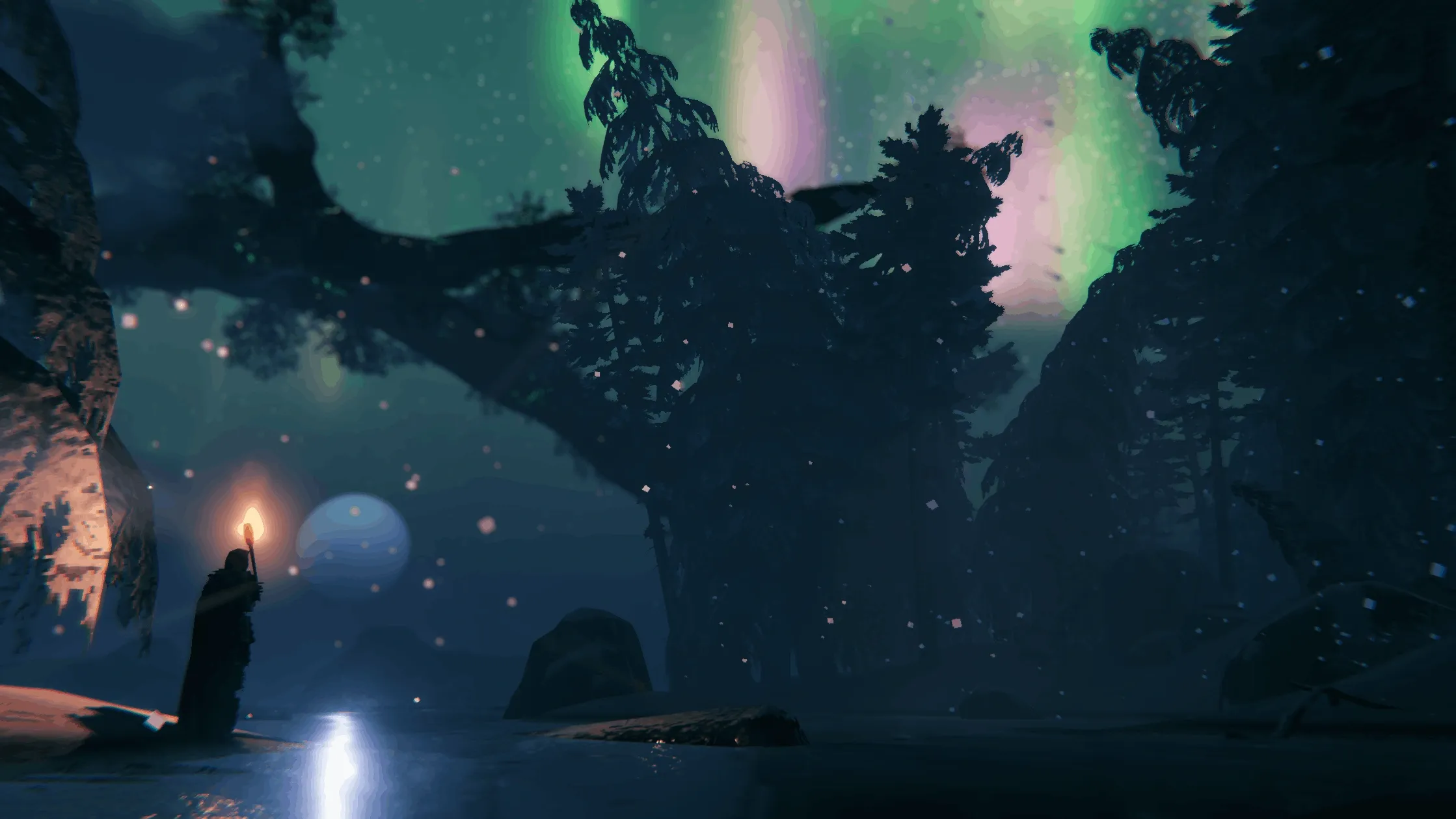 Valheim viking holding a torch at the Deep North shoreline under the aurora borealis