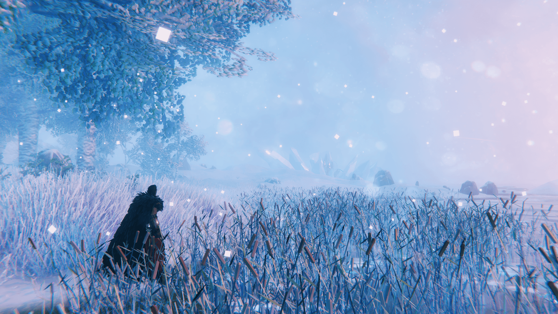 Valheim viking crouching in frozen reeds in a snow-covered Meadows biome