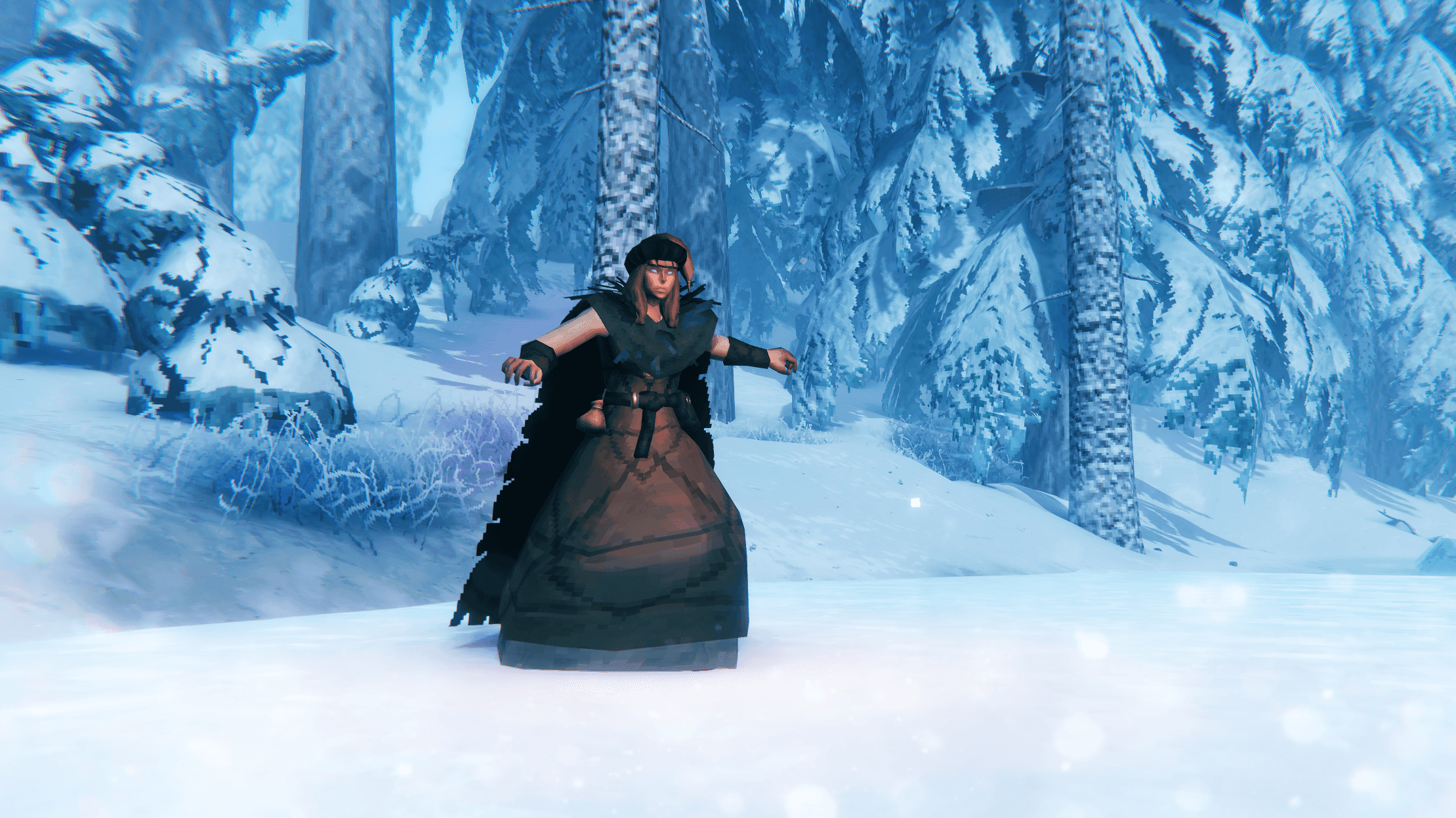 Valheim viking losing their balance on slippery ice in a snowy Deep North forest