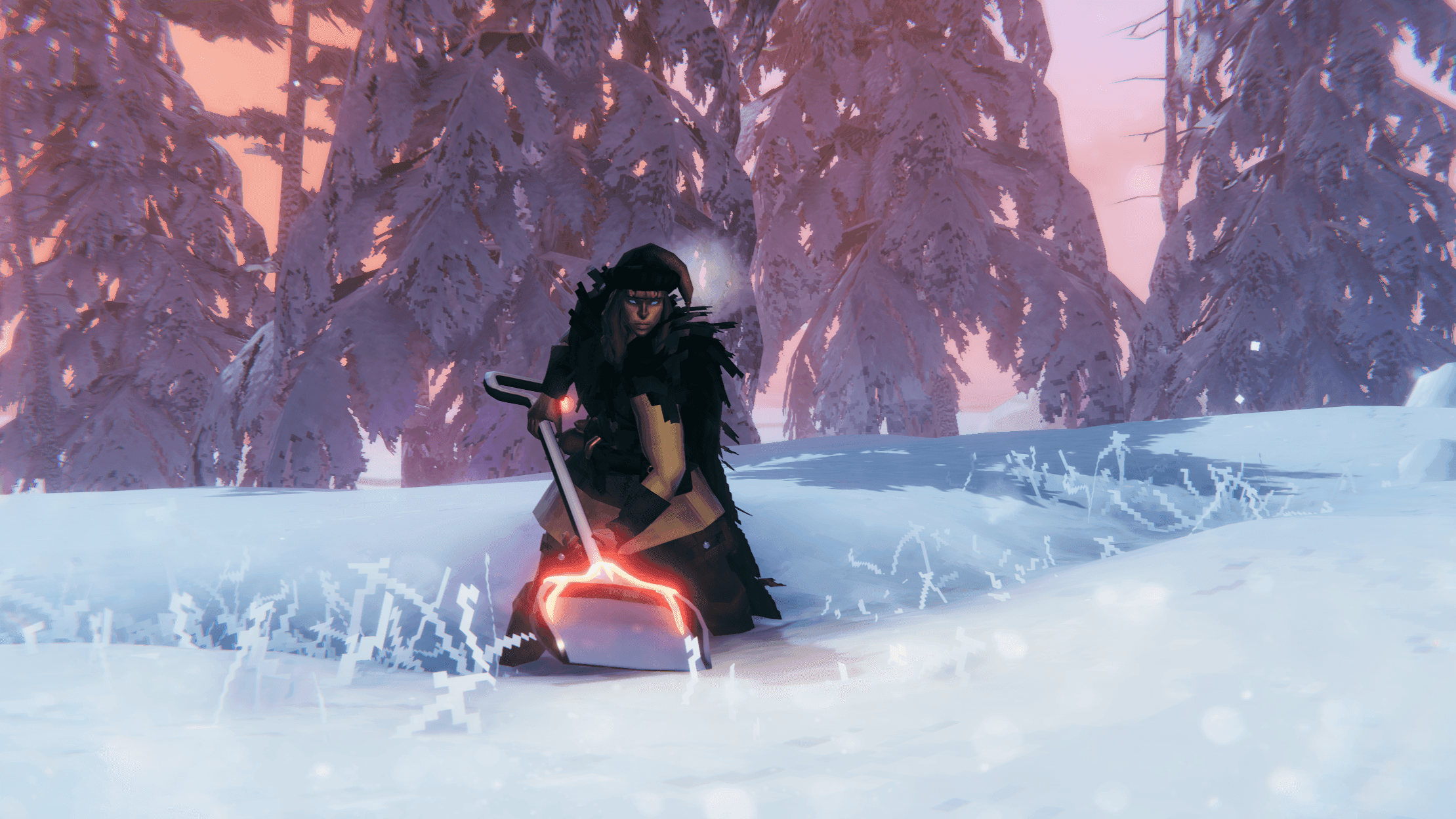 Valheim viking using a shovel to clear deep snow in a frozen Deep North forest
