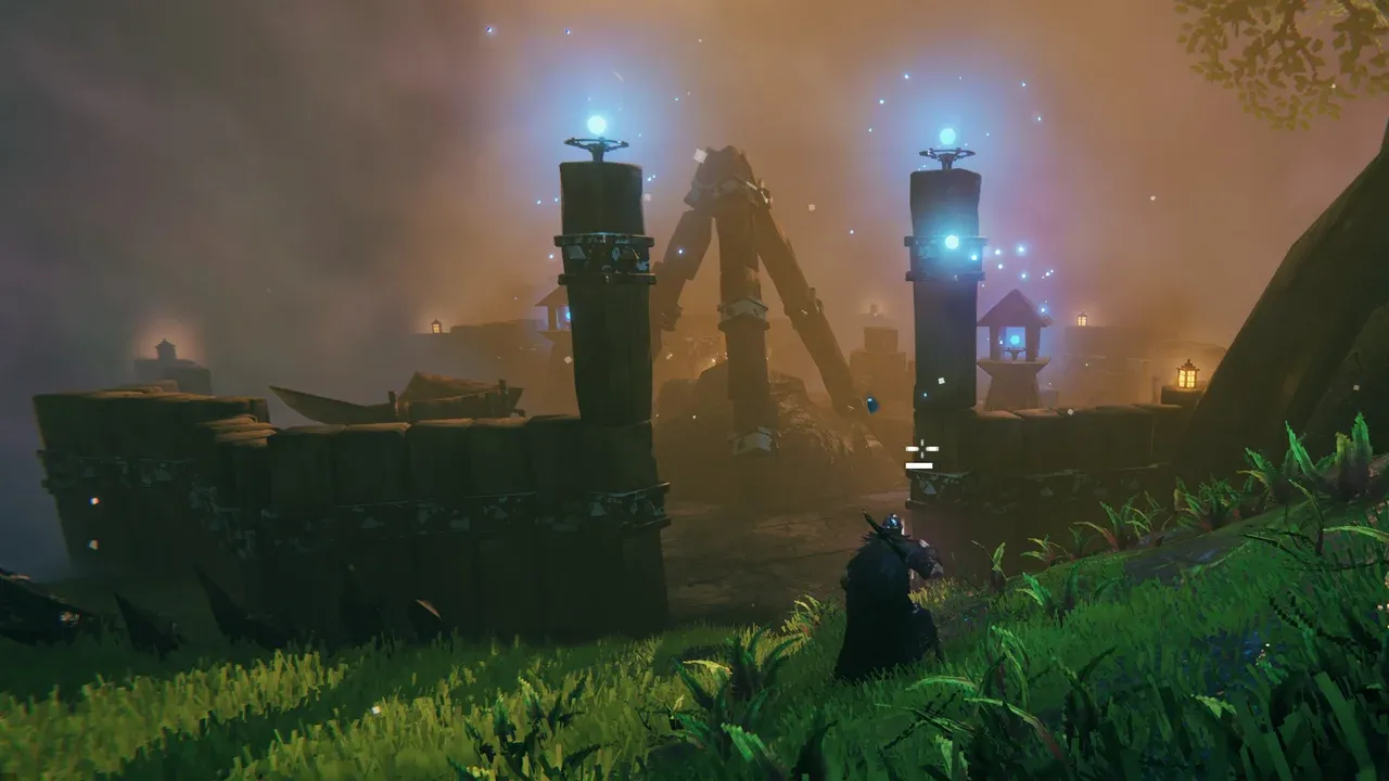 Blue-lit Dvergr excavation camp built around Giant remains in the Mistlands