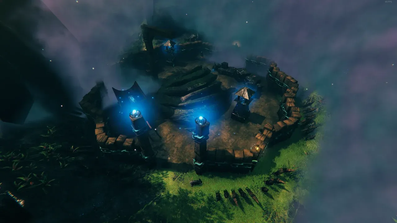 An inhabited Dvergr Excavation Site in Valheim's Mistlands, its stake-ringed camp built around a Giant ribcage with blue mist-lights and a crane
