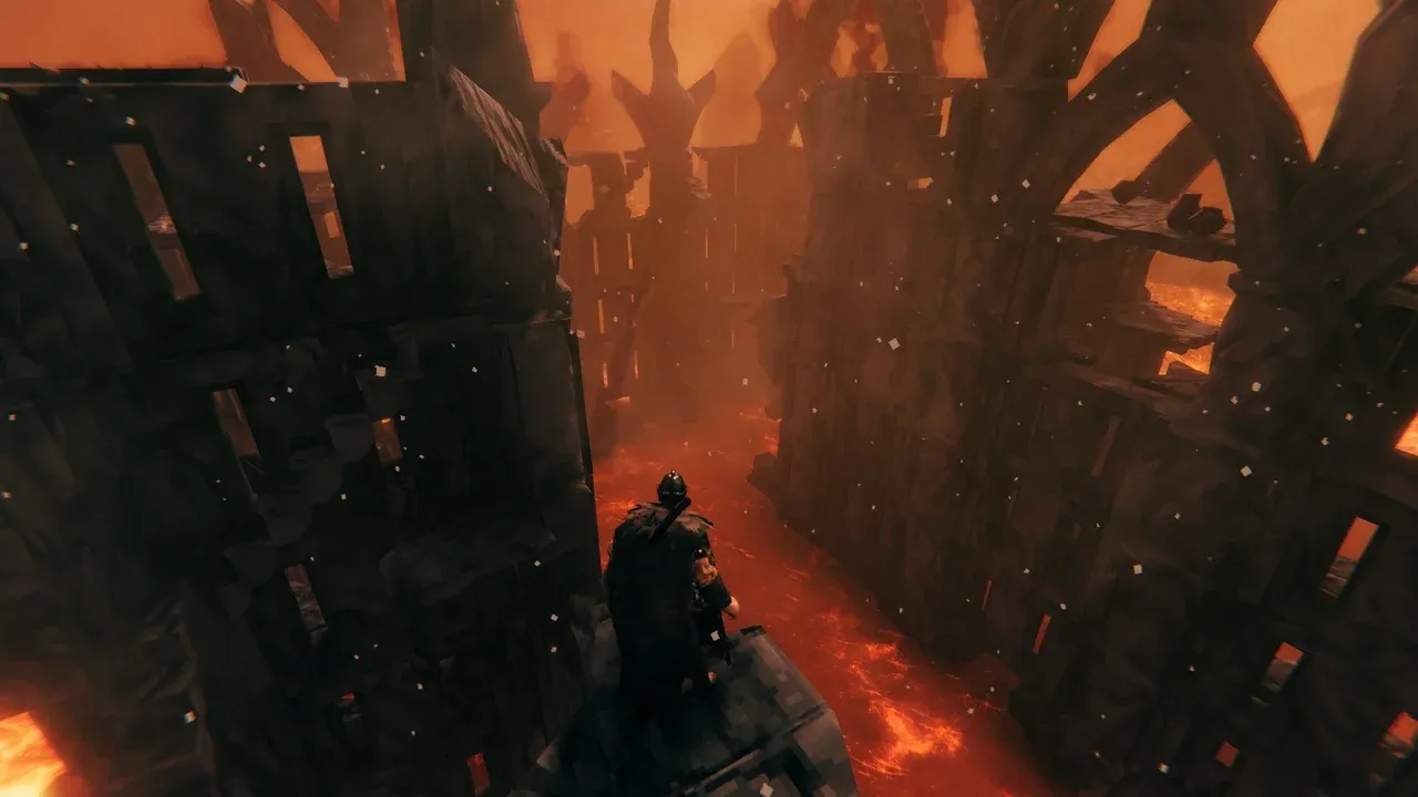 A Valheim adventurer stands before the ruined Ashlands city under a smoky orange sky