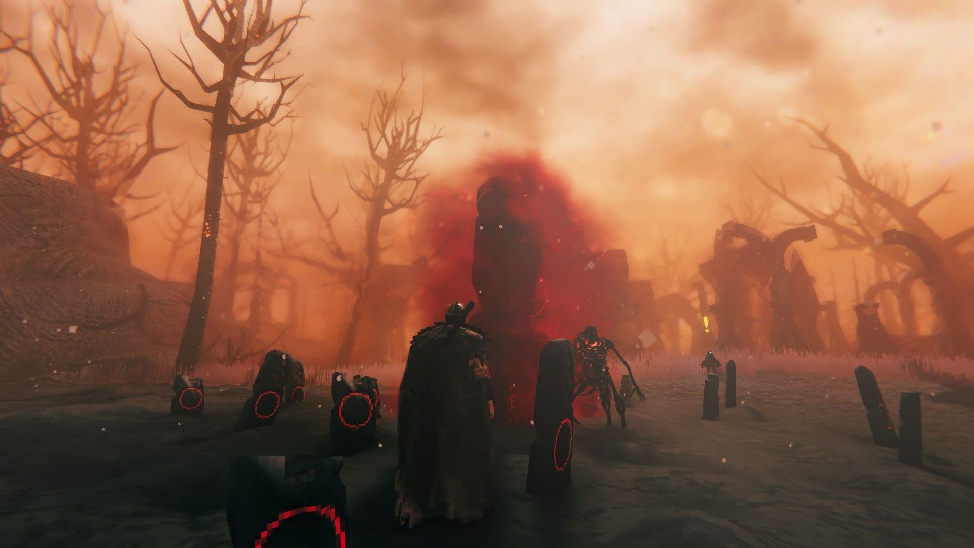 A Valheim adventurer faces a ring of red-lit runestones in the Ashlands