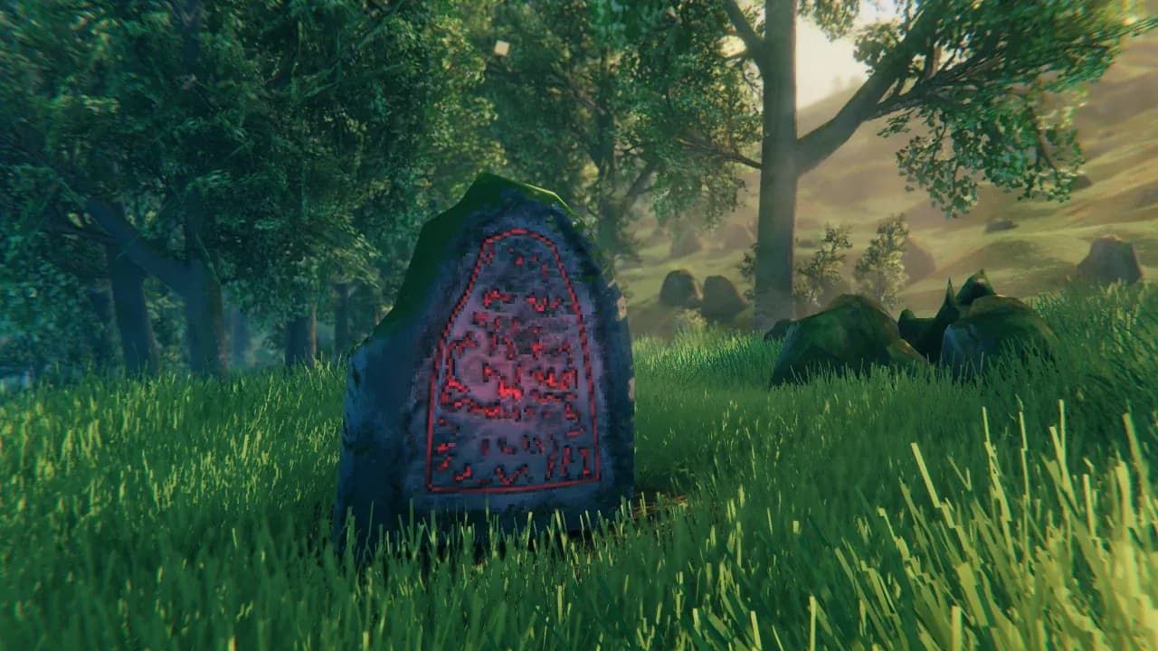 A Valheim runestone standing in sunlit Meadows grass, its red runes glowing on the dark stone face