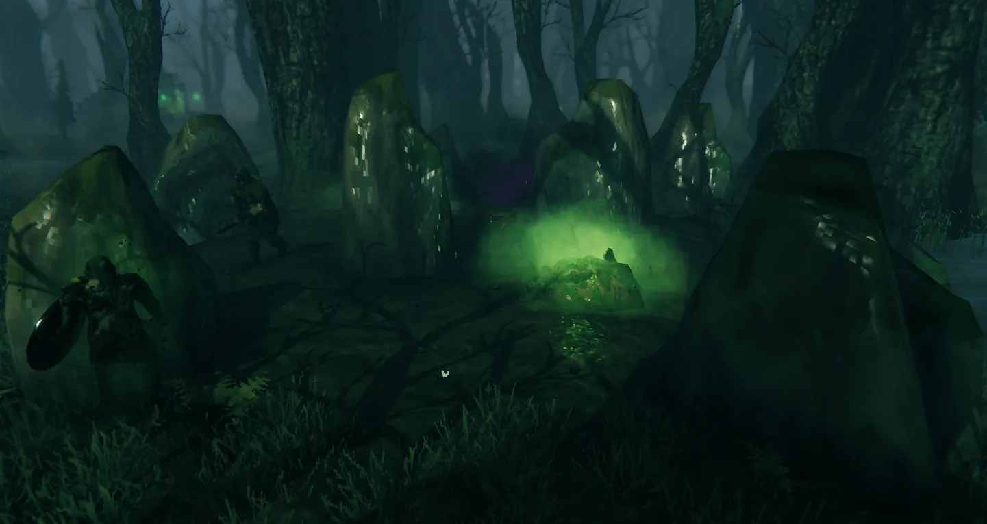 A Valheim Swamp Grave, six standing stones around a glowing green body pile with Draugr approaching