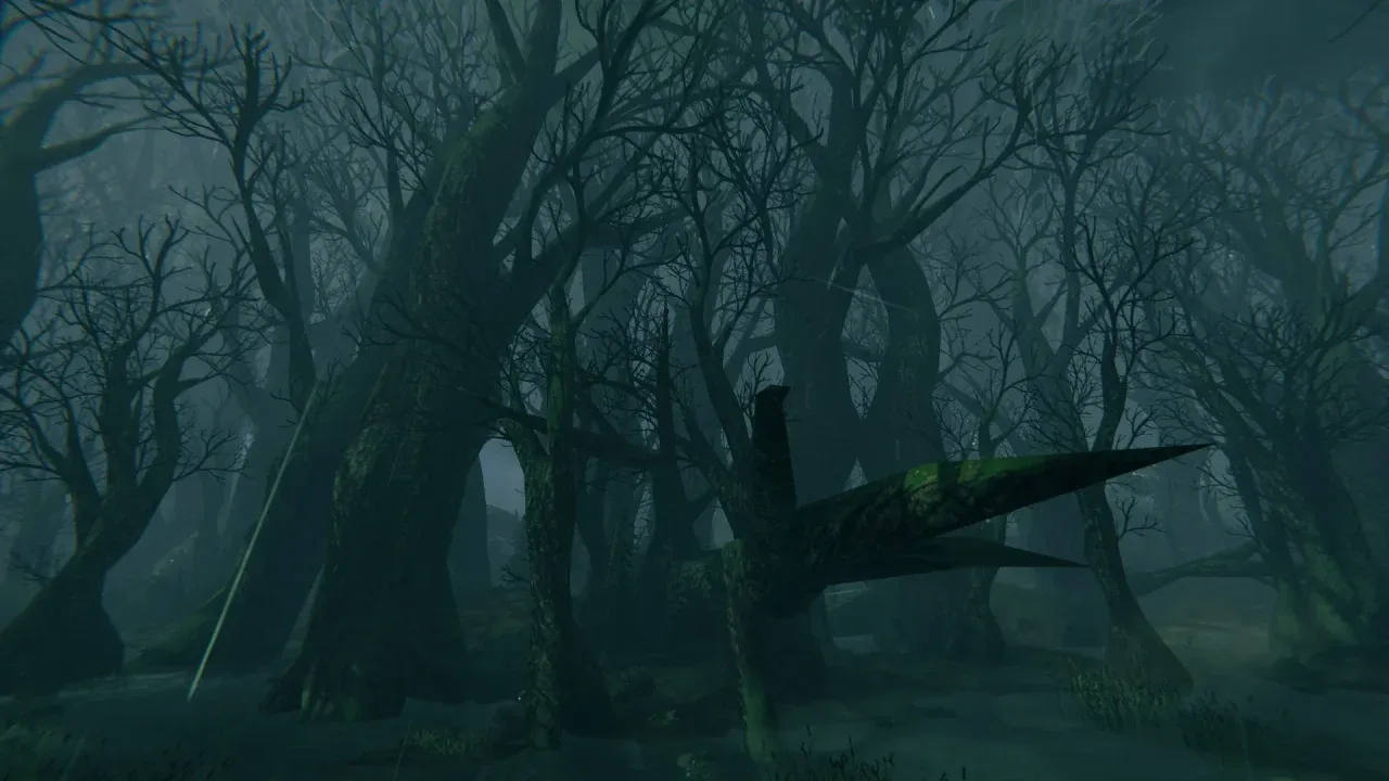 Valheim's Swamp at night, bare ancient trees standing in black water under heavy mist