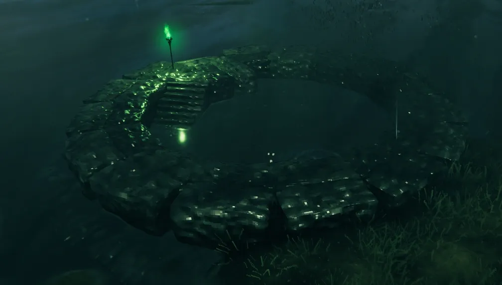A Valheim Inverted Tower in the Swamp, a ring of stonework with a flooded staircase descending below the waterline