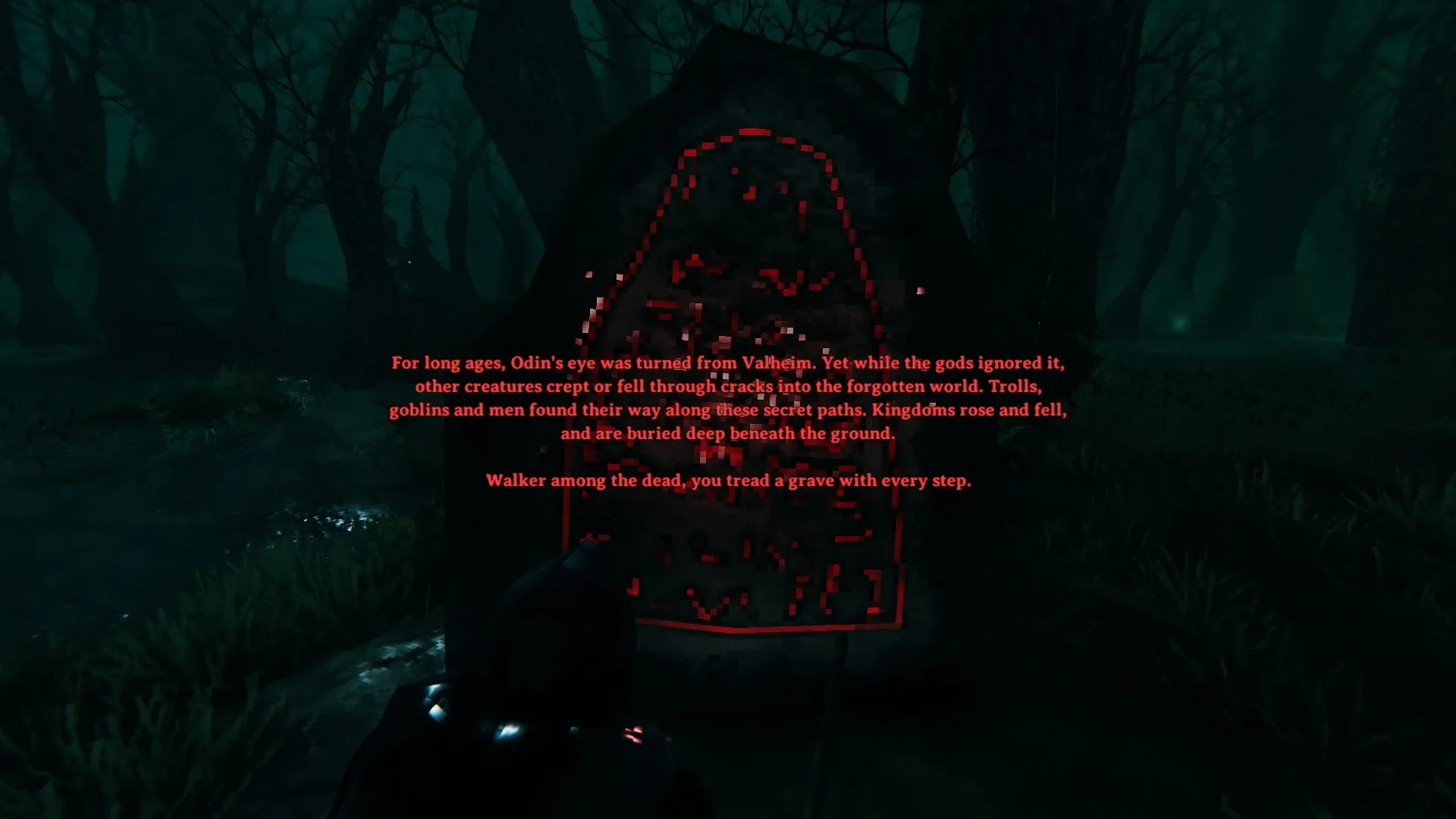 A Valheim Swamp runestone glowing red, its text describing kingdoms that rose and fell while Odin's eye was turned away