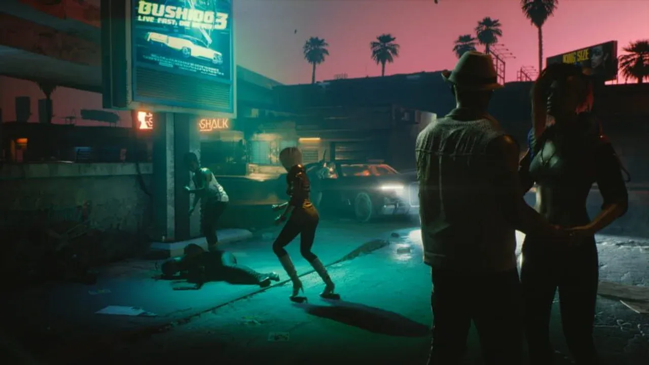 Night City glows at dusk in Cyberpunk 2077.