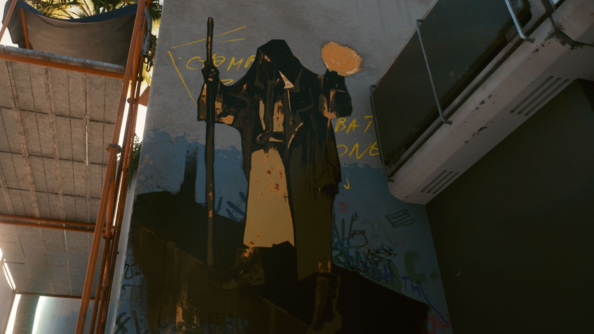 A Tarot mural in Night City, like the graffiti V scans before returning to Misty.
